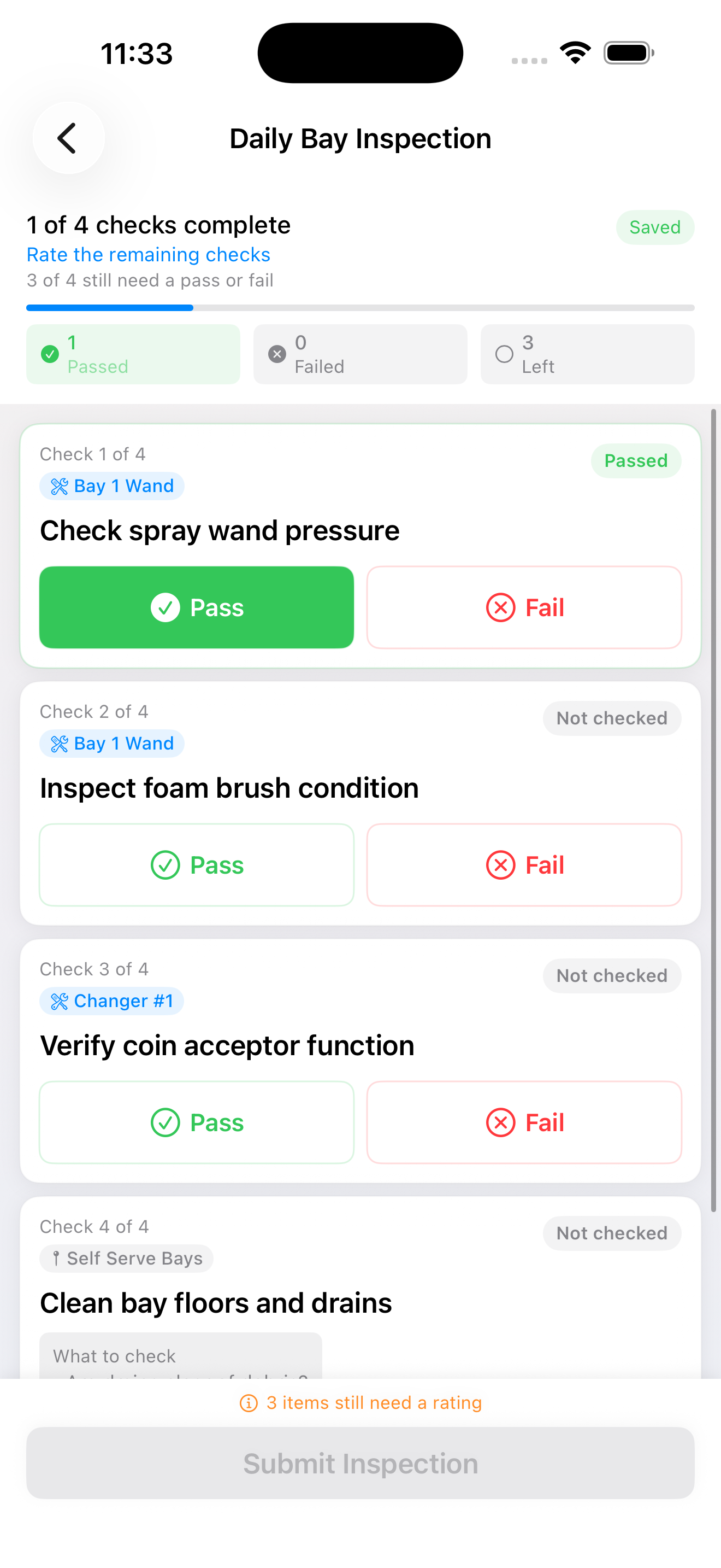 iOS — Inspection item detail with pass/fail and notes