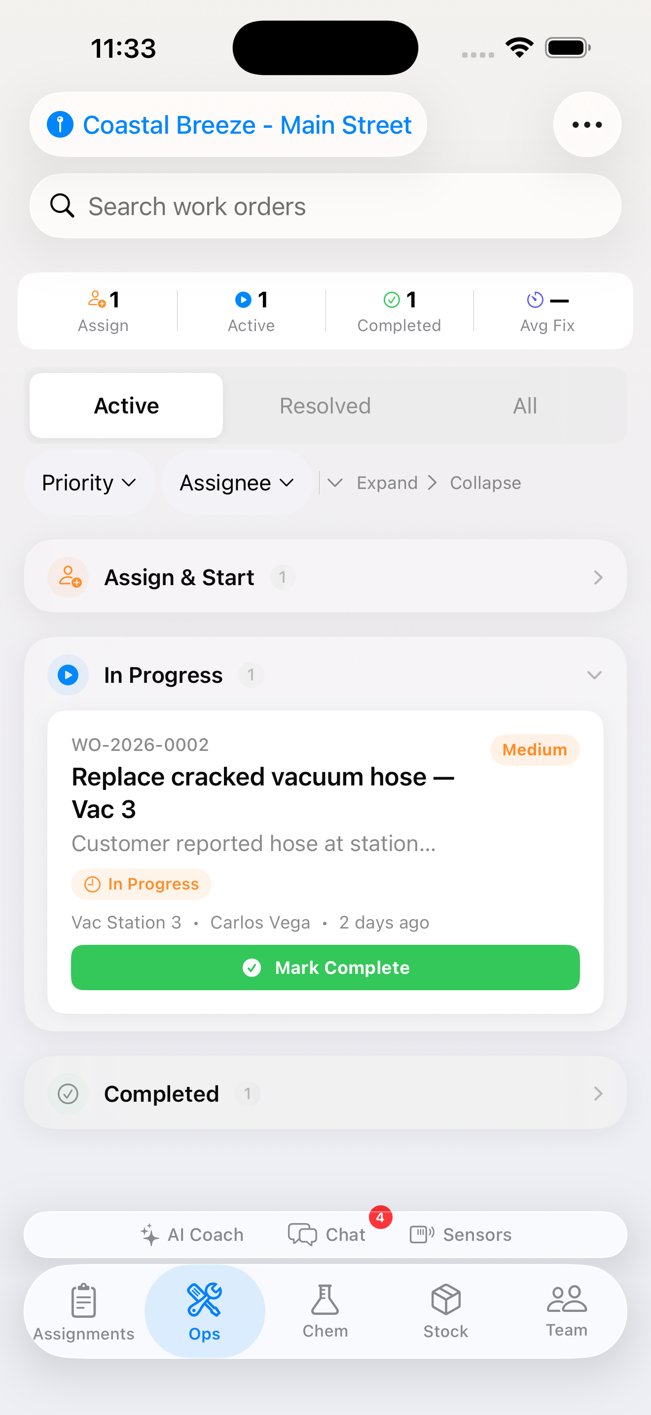 iOS — Work order queue with priority badges