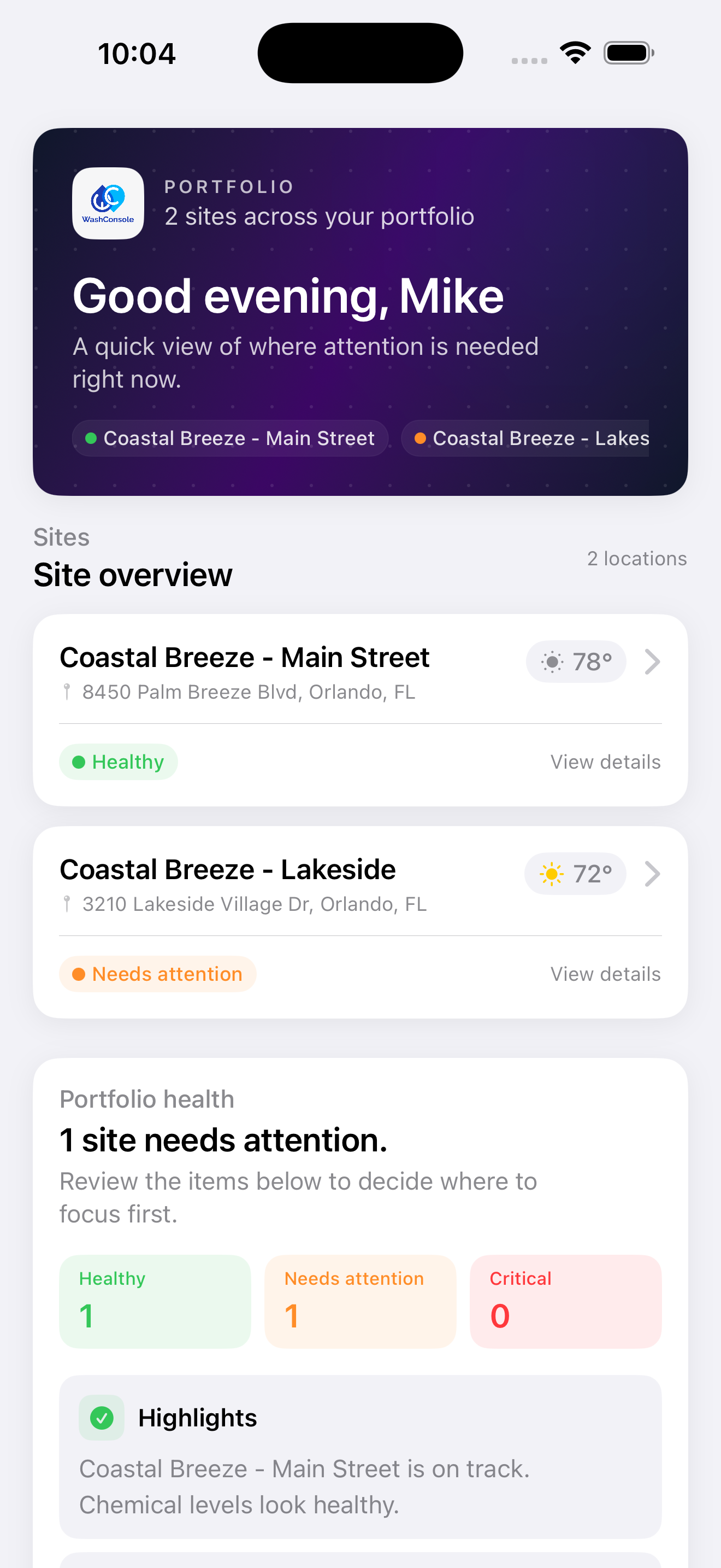 iOS — Multi-site portfolio overview with status tiles