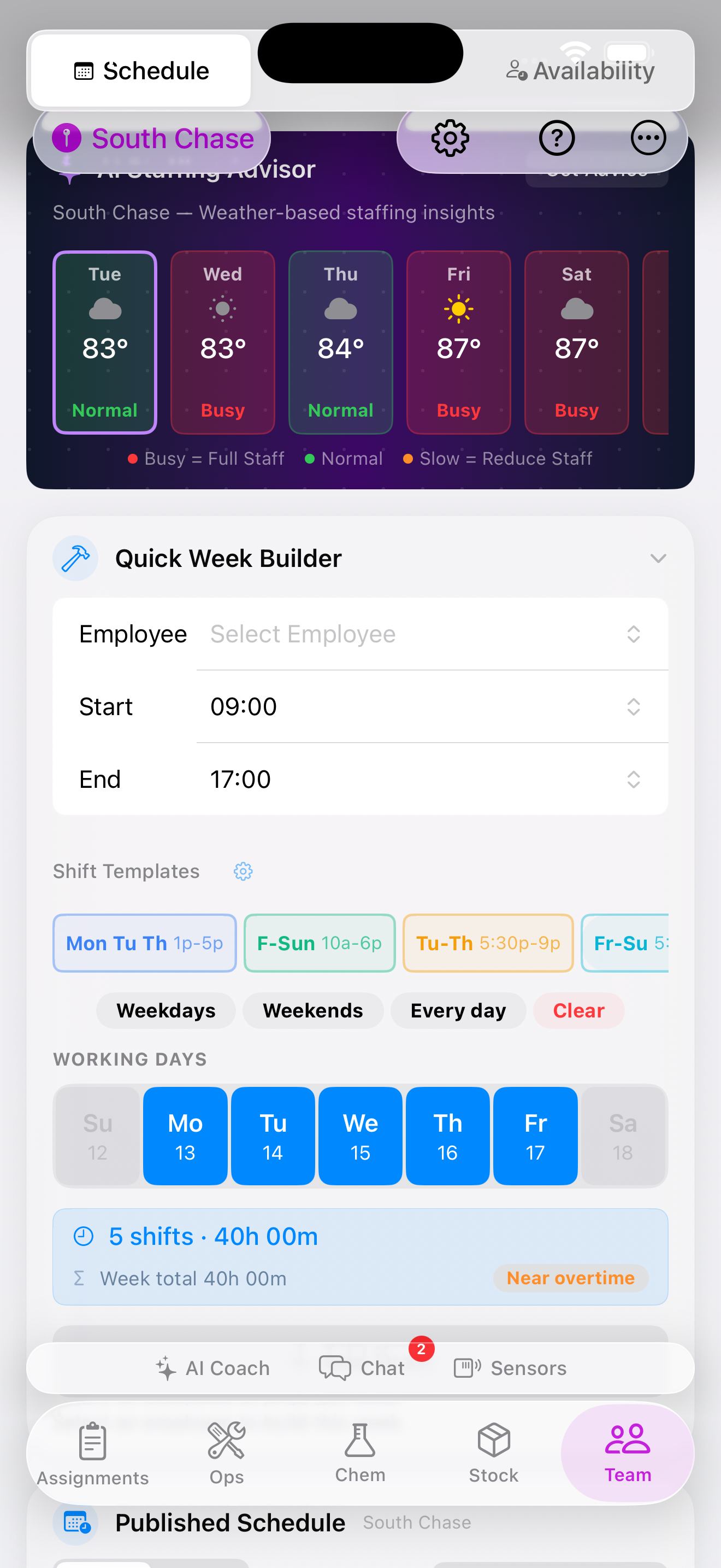 iOS — Team schedule view with shift assignments