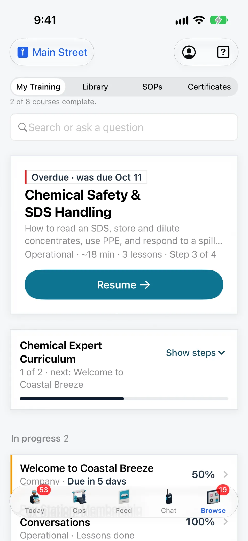 My Training on the WashConsole iPhone app: an overdue course to resume, the next step in a curriculum and the courses in progress.
