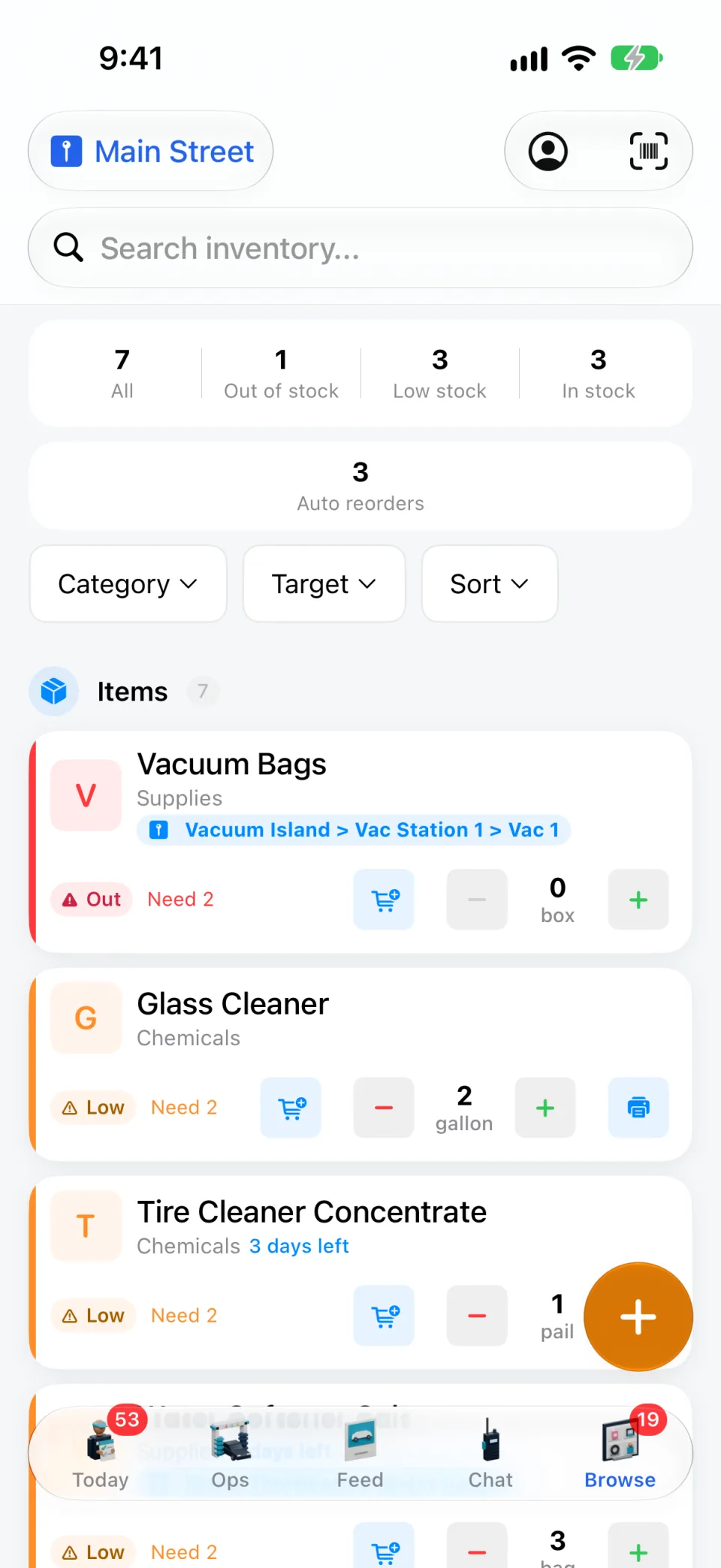 Inventory levels on the iPhone app, with low-stock items