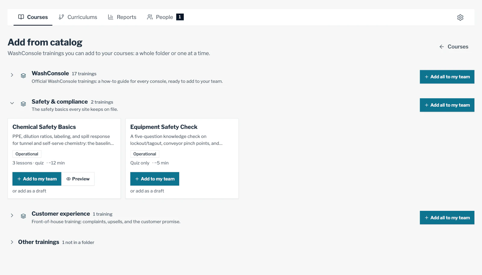 Add from catalog in LearnConsole: ready-made folders such as WashConsole and Safety and compliance, each with Add all to my team, and Chemical Safety Basics with Add to my team, Preview and or add as a draft.