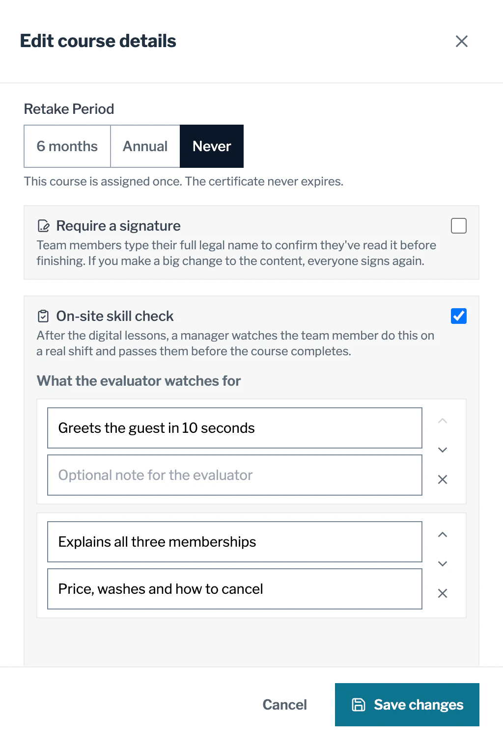 Course details for Pay Station: Membership Conversations: the on-site skill check turned on, with what the evaluator watches for, such as greeting the guest in 10 seconds.