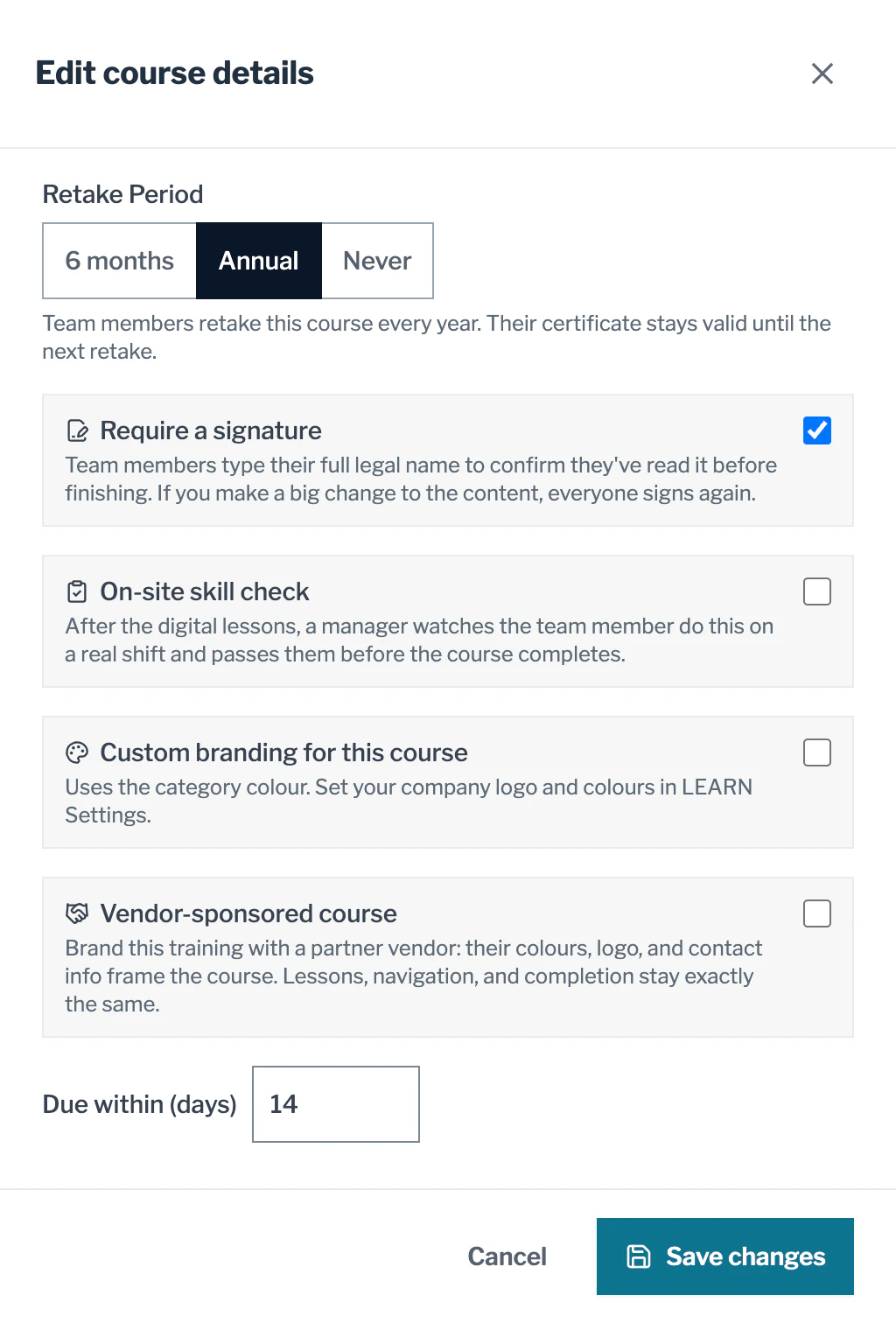 Course details for Chemical Safety (Annual Refresher): Annual retake selected, a required signature, on-site skill check, custom branding, vendor-sponsored course, and due within 14 days.