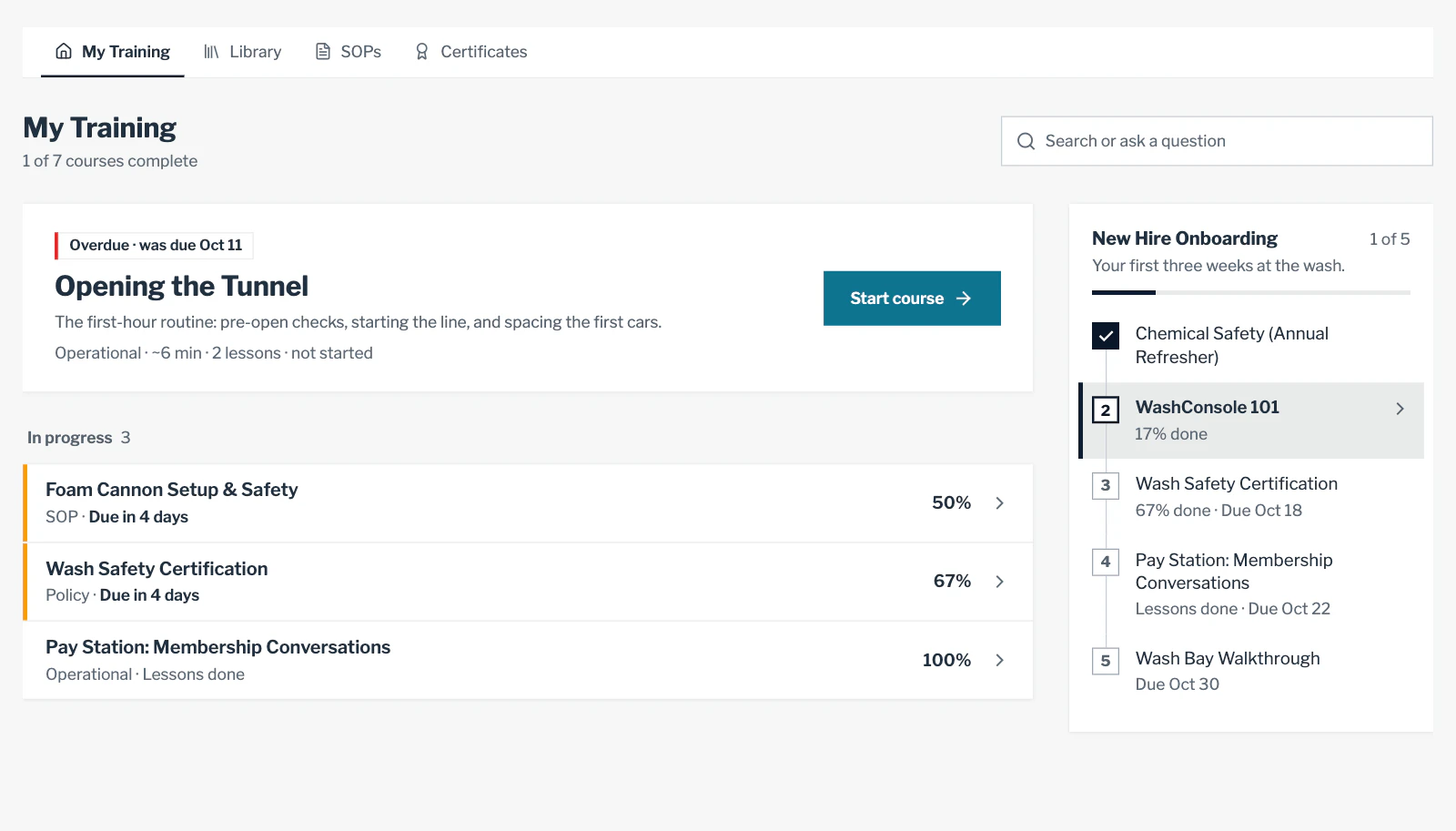My Training in LearnConsole: Opening the Tunnel overdue with Start course, the New Hire Onboarding path at 1 of 5, and courses in progress with their percentages.