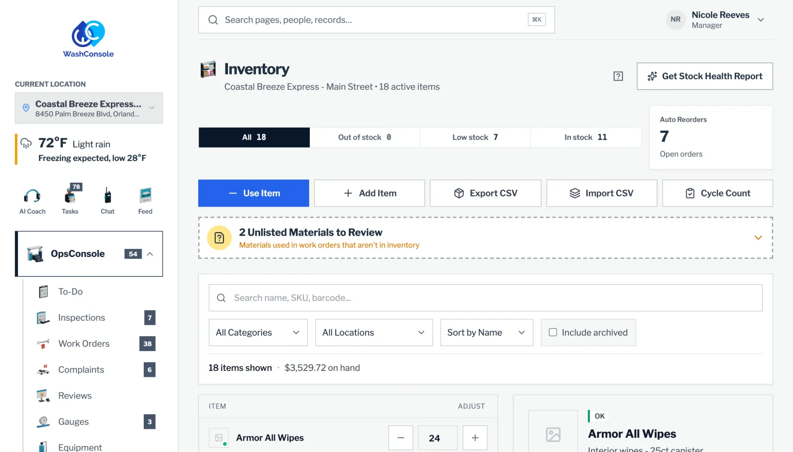 StockConsole on the web: inventory with stock on hand and reorder points